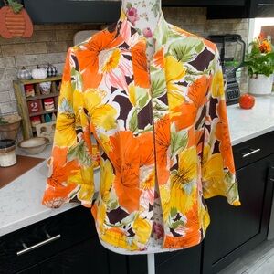 Coldwater Creek Jacket Women Sz 16 Floral Orange Yellow Brown Open Front Blazer